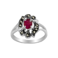 Genuine Ruby Vine Leaves Marcasite Women's Ring